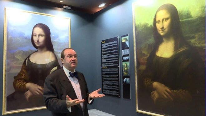 Mr. Cote, next to a digital reconstruction (left) of the different Mona Lisa portrait he found. Image: Brinkworth Films