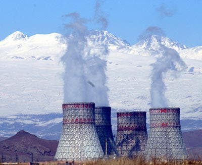 The Metsamor nuclear power plant at the base of Armenia's towering symbol, Mount Ararat. 