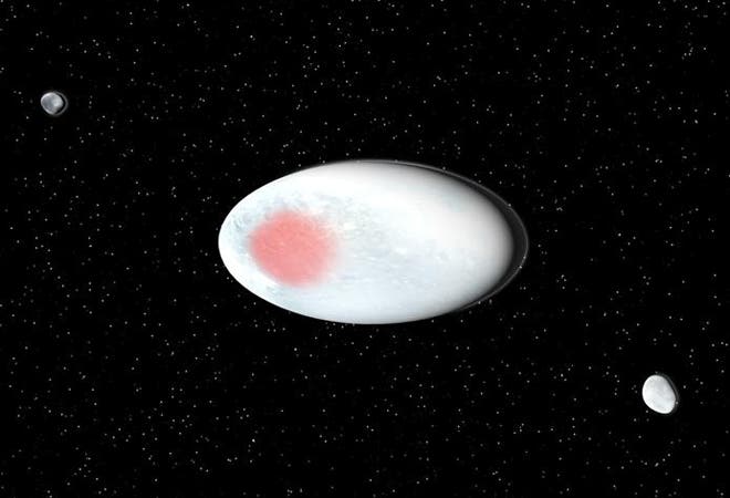 An illustration of dwarf planet Haumea and its two satellites. (c) SINC/José Antonio Peñas