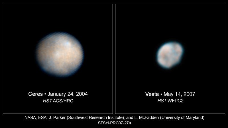 p0727aw_1 Hubble Space Telescope images of Vesta and Ceres show two of the most massive asteroids in the asteroid belt, a region between Mars and Jupiter. Credits for Vesta: NASA, ESA, and L. McFadden (University of Maryland) Credits for Ceres: NASA, ESA, and J. Parker (Southwest Research Institute)