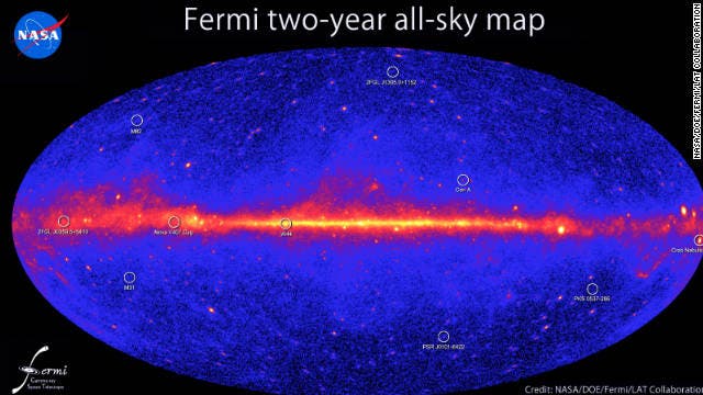 Fermi Space Telescope's map of gamma-ray emissions discovered so far. Nearly 600, a third of the total number of confirmed gamma-rays, have an untraceable origin. 