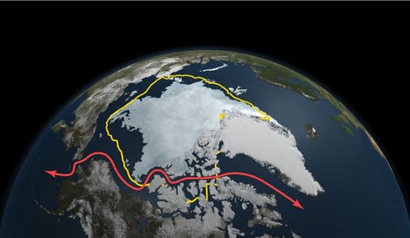 The yellow line depicts the artic ice surface level from the past 30 year average. The red line represents opened up Northwest Passage shipping lanes. (c) NASA Goddard's Scientific Visualization Studio