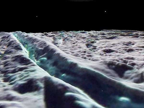 Artist's rendering shows an active tiger stripe, including bluish regions that indicate freshly exposed water ice.Image by Europlanet Outreach/Lunar and Planetary Institute.