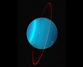 Near-infrared views of Uranus and its faint ring system, shown here to highlight the extent to which it is tilted. (c) Lawrence Sromovsky, (Univ. Wisconsin-Madison), Keck Observatory.