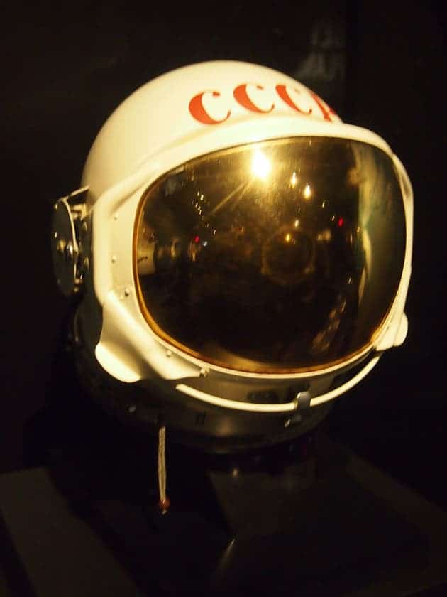 A prototype for a helmet designed to be worn by Russian cosmonauts on the moon. The Russian lunar program was shortly decommissioned, however, after 1969. 