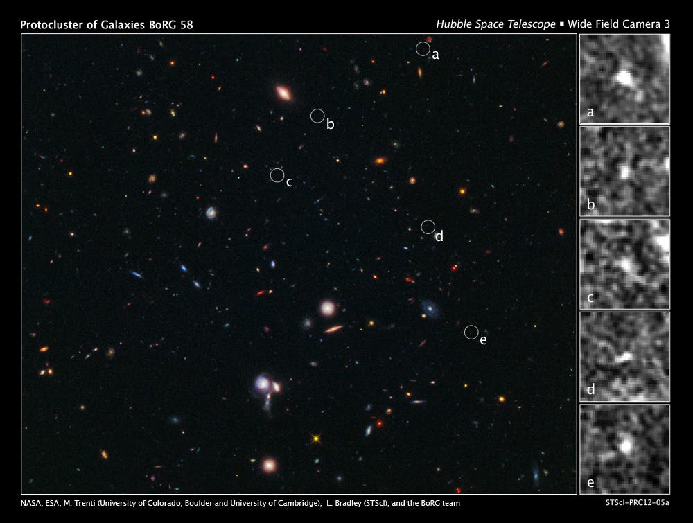 Hubble Spies Building Blocks of Most Distant Galaxy Cluster. Click for high resolution. (c) NASA