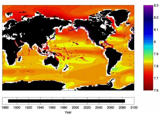 A computer forecast of how the ocean pH will look in 2100 under emission scenarios. Purple dots show cold-water coral reefs. Red dots show warm-water coral reefs. The pH scale is shown on the right. (Credit: NOAA) 