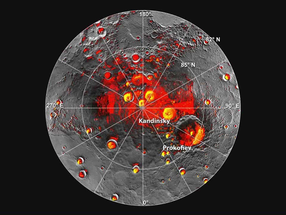 north-pole-mercury-water-ice Shown in red are areas of Mercury’s north polar region that are in shadow in all images acquired by MESSENGER to date. Image coverage, and mapping of shadows, is incomplete near the pole. The polar deposits imaged by Earth-based radar are in yellow (from Image 2.1), and the background image is the mosaic of MESSENGER images from Image 2.2. This comparison indicates that all of the polar deposits imaged by Earth-based radar are located in areas of persistent shadow as documented by MESSENGER images. (c) NASA