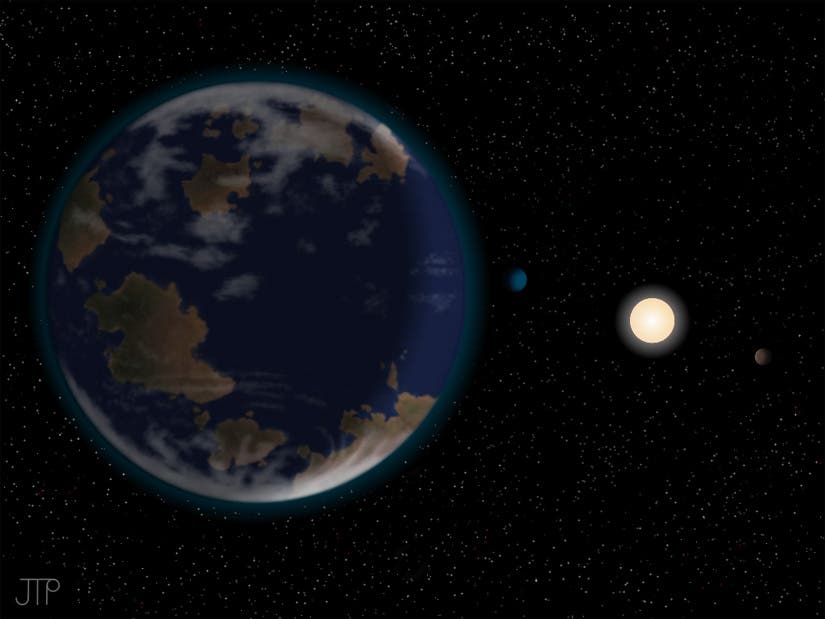 superearth-zoom Artist impression of HD40307g in the foreground, with its host star HD40307 and two other planets in the system. (c) NASA