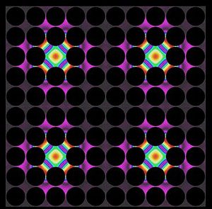 Precisely spaced air gaps (dark circles) control the flow of heat, thermal energy can be "pinned" in place by defects introduced into the structure (colored areas).  Illustration courtesy of Martin Maldovan