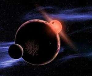 An artist's impression of an Earth-like planet with two moons orbiting around a red dwarf star. (c) David A. Aguilar (CfA).