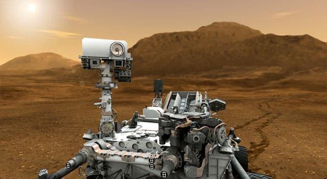 Artist impression of the Curiosity rover trekking through the red planet. The rover is tasked with assessing Mars' ability to sustain present or past microbial life. (C) NASA