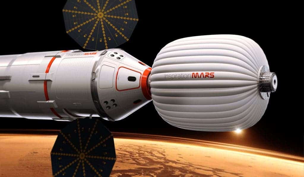 An artist's illustration of the Inspiration Mars Foundation's spacecraft for a 2018 mission to Mars by a two-person crew. The private Mars mission would be a flyby trip around the Red Planet. (c) Inspiration Mars Foundation