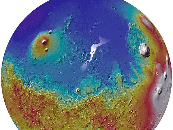 The Marte Vallis channel system (white area, center). (c) NASA