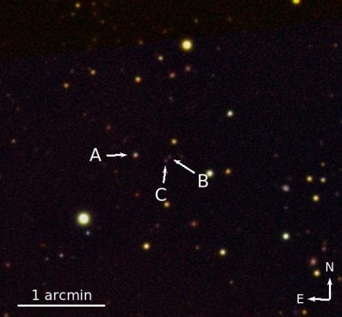 An infrared image of the triple quasar system made using the 3.5-m aperture telescope of the Calar Alto Observatory. The three quasars are labelled A, B and C. (Credit: Emanuele Paolo Farina)