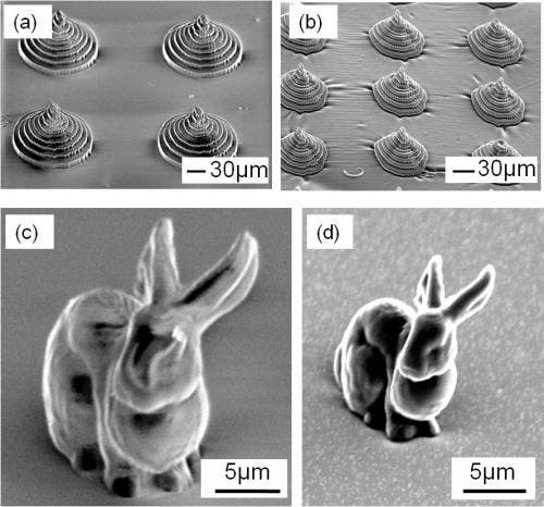 This shows two microstructures made with the new material, containing the highest concentration of RDGE. Left: Pre-charring. These pyramid and bunny models did not respond to the preferred method of 3-D shaping, so they were created using an alternative process. Right: Post-charring. Notice that the pyramid and bunny shrink significantly less than those made from the material with a lower concentration of RDGE. Credit: Optical Materials Express