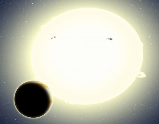 Artist impression of Kepler-76b orbiting around its parent star. The planet was discovered after relativistic effects were observed. The star has a slight elliptical shape that's been exaggerated in this illustration. David A. Aguilar (CfA)