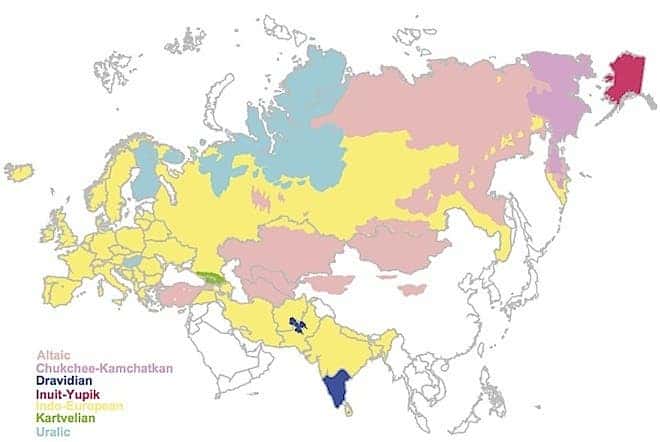 Map showing approximate regions where languages from the seven Eurasiatic language families are now spoken. Image: Pagel et al./PNAS