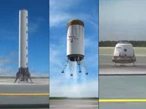 The three components of SpaceX's planned fully reusable rocket launching system: the first stage (left), second stage (center), and crew capsule (right). (c) SpaceX