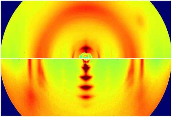X-ray images of the two semiconducting polymer materials at the micro scale. Bottom image shows an ordered polymer sample, the type which scientists in the industry currently try to obtain. Top image shows barely discernible tiny polymer crystals. (c) Stanford University