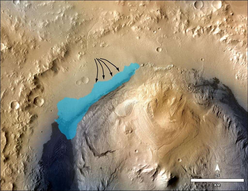 This illustration depicts a concept for the possible extent of an ancient lake inside Gale Crater. Image Credit: NASA/JPL-Caltech/MSSS