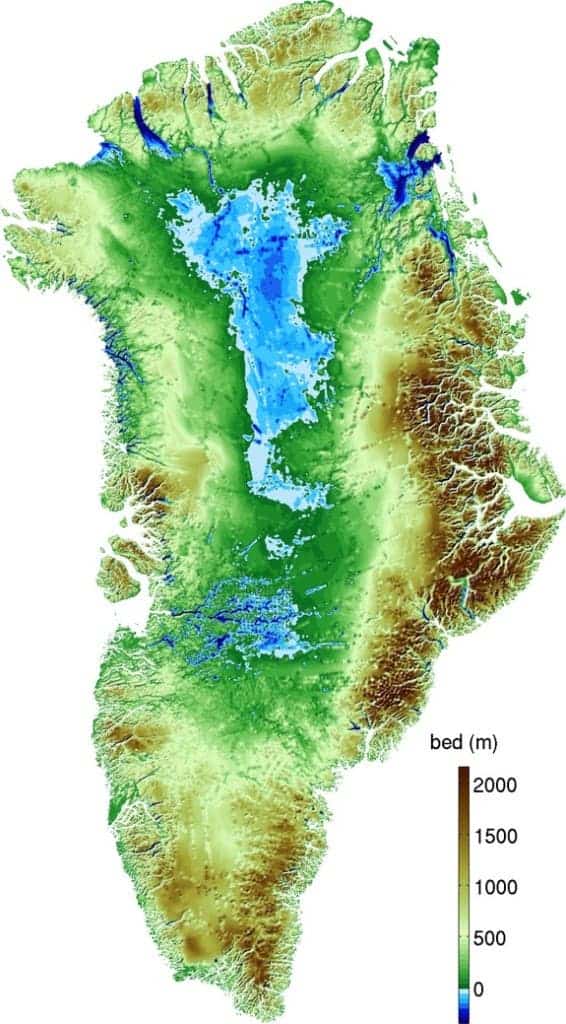 Topography of Greenland – blue is below sea level          (Mathieu Morlighem/UC Irvine) 
