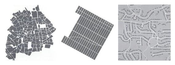 Three street networks: Organic (Seville), grid (midtown Manhattan), and hierarchical (suburban Atlanta) (Frank et al., Health and Community Design)