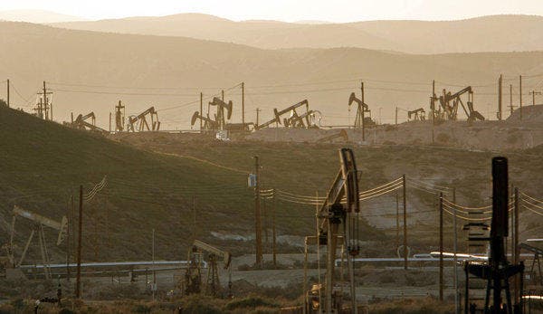 Pump jacks dot oil fields between the California towns of Taft and Maricopa. The very deep petroleum would be hard to reach. Methods such as fracking would bring environmental concerns and no guarantees. Photo: Los Angeles Times