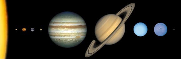 The eight planets of our solar system and one dwarf planet shown approximately to scale. Image:  Lunar and Planetary Institute