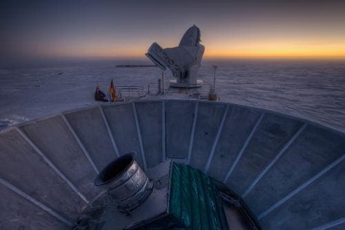 BICEP2 (in the foreground) and the South Pole Telescope (in the background). Credit: Steffen Richter, Harvard University 