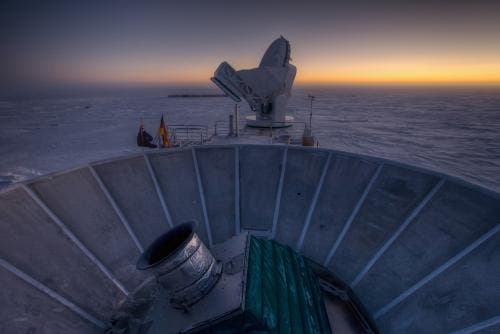 BICEP2 (in the foreground) and the South Pole Telescope (in the background). Credit: Steffen Richter, Harvard University