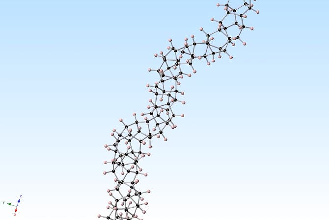  The core of the nanothreads is a long, thin strand of carbon atoms arranged just like the fundamental unit of a diamond's structure -- zig-zag 'cyclohexane' rings of six carbon atoms bound together, in which each carbon is surrounded by others in the strong triangular-pyramid shape of a tetrahedron. Image: Penn State University