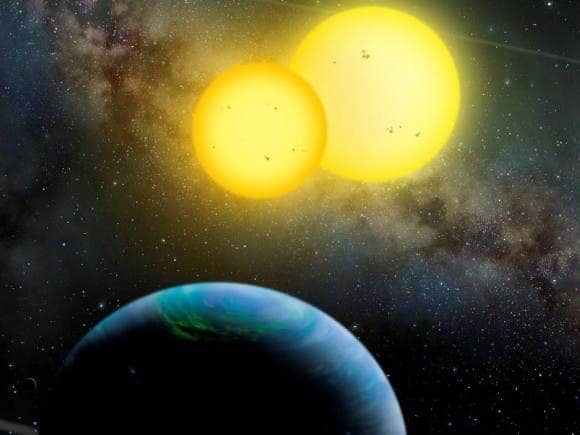 Artist's conception of the Kepler-35 system. Credit: Lynette Cook / extrasolar.spaceart.org / Nature