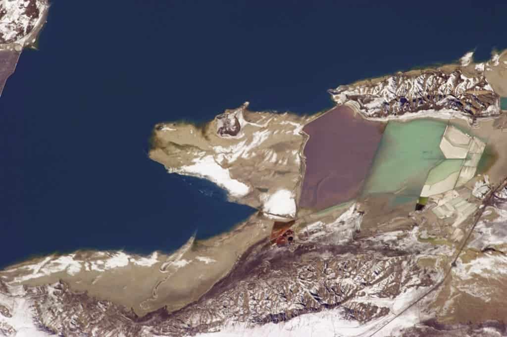 Salt from evaporation ponds in Great Salt Lake, Utah, is used to produce a lot of the world’s magnesium metal. The largest saline lake in the western hemisphere attracts pastel-colored algae, brine shrimp and the birds that love them, but so far, just this one lone wolf.