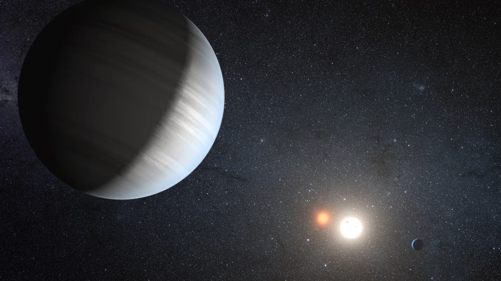 Artist’s concept of exoplanets in a two-stars system. The planets found so far orbiting such systems are gas giants like Jupiter. Credit: NASA/JPL-Caltech/T. Pyle