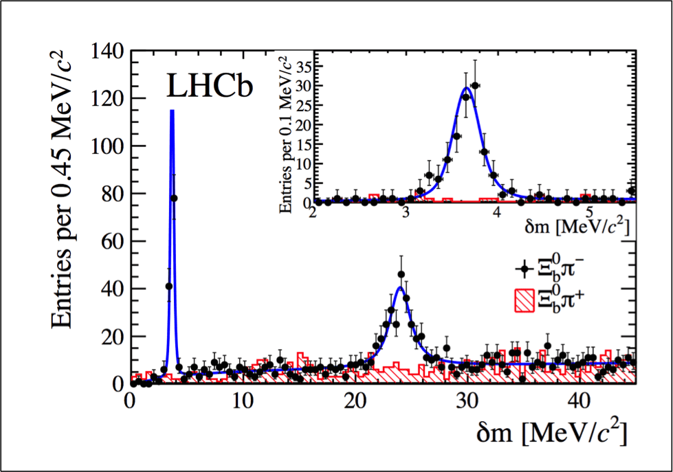 The mass difference spectrum: the LHCb result shows strong evidence of the existence of two new particles the Xi_b'- (first peak) and Xi_b*- (second peak), with the very high-level confidence of 10 sigma. The black points are the signal sample and the hatched red histogram is a control sample. The blue curve represents a model including the two new particles, fitted to the data. Delta_m is the difference between the mass of the Xi_b0 pi- pair and the sum of the individual masses of the Xi_b0 and pi-. INSET: Detail of the Xi_b'- region plotted with a finer binning.