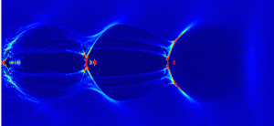 Computer simulation of the plasma wakefield as it evolves over the length of the 9-cm long channel. Credit: Berkeley Lab