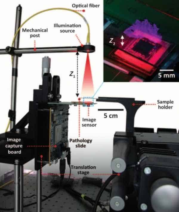 Operating principle and main components of the UCLA holographic microscope. Credit: UCLA