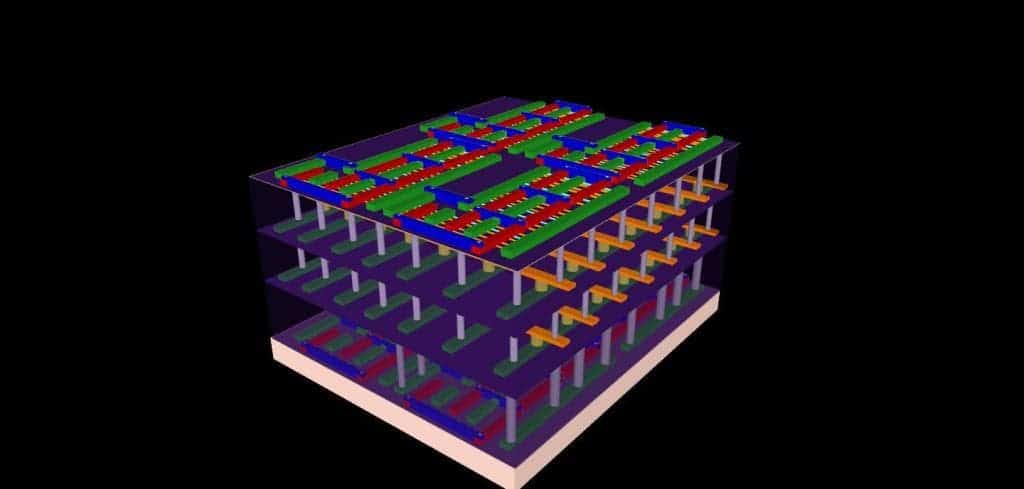 This illustration represents the four-layer prototype high-rise chip built by Stanford engineers. The bottom and top layers are logic transistors. Sandwiched between them are two layers of memory. The vertical tubes are nanoscale electronic "elevators" that connect logic and memory, allowing them to work together to solve problems. Credit: Max Shulaker, Stanford