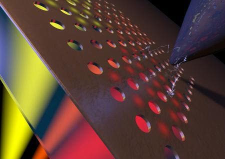 An ultra-sensitive needle measures the voltage that is generated while the nanospheres are illuminated. Credit: AMOLF/Tremani - Figure: Artist impression of the plasmo-electric effect. - See more at: http://www.caltech.edu/news/new-technique-could-harvest-more-suns-energy-44923#sthash.IukitP4G.dpuf