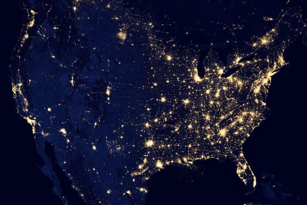Composite view of continental United States showing Suomi NPP observations of nighttime illumination. Image: NASA