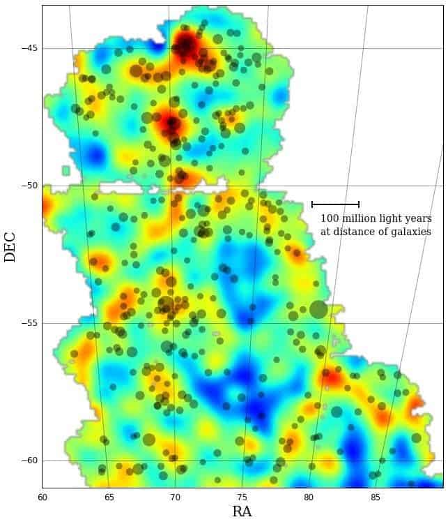 The map traces the distribution of dark matter across a portion of the sky.  The color scale represents projected mass density: red and yellow represent regions with more dense matter.