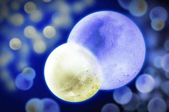 In this artist's illustration, the NaK molecule is represented with frozen spheres of ice merged together: the smaller sphere on the left represents a sodium atom, and the larger sphere on the right is a potassium atom. Illustration: Jose-Luis Olivares/MIT