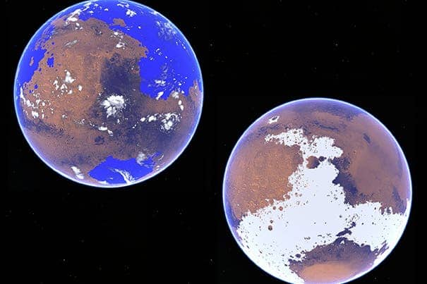Harvard researchers used a 3-D atmospheric circulation model to compare a water cycle on Mars under different scenarios 3 to 4 billion years ago. The left rendering looks at Mars as a warm and wet planet and the other as a cold and icy world. Image courtesy of Harvard John A. Paulson School of Engineering and Applied Sciences