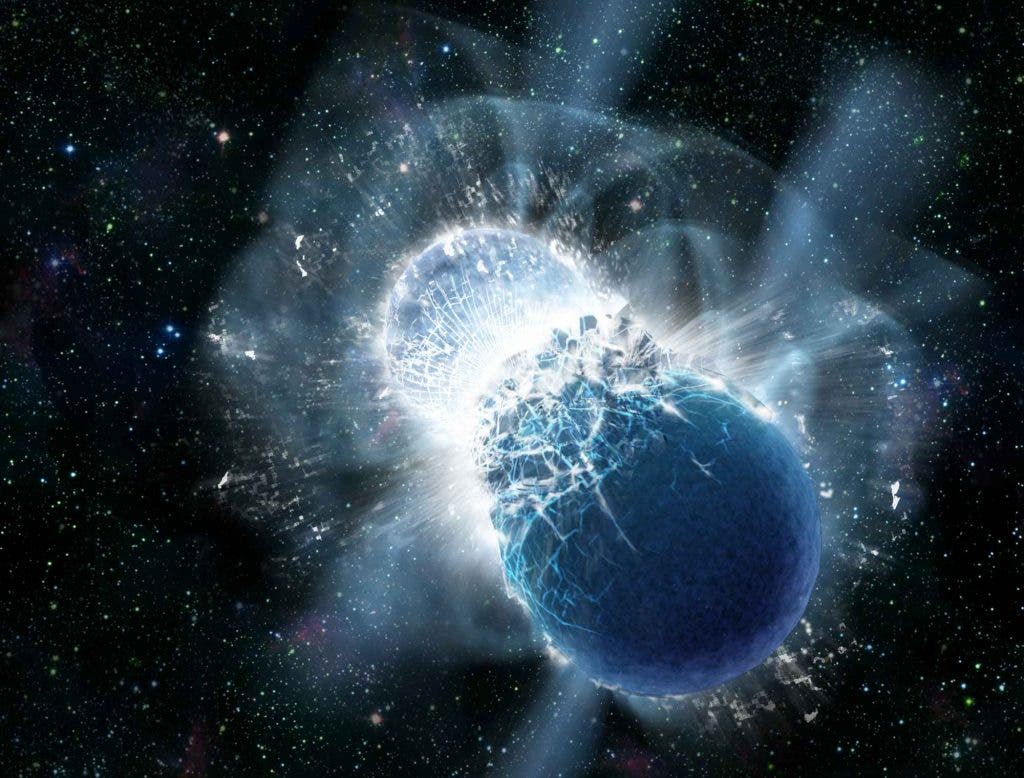 In this high-energy event, two neutron stars collide. Scientists believe the glowing aftermath is the origin of elements such as gold. Image via: popsci.com
