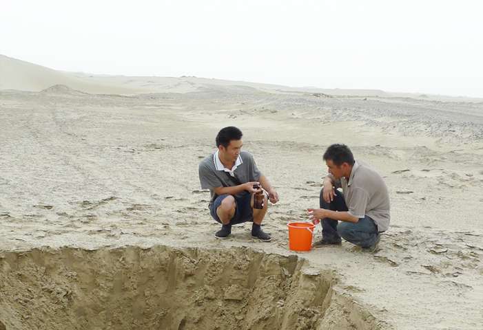 Chinese researchers analyzed the stored carbon in water running in underground aquifers beneath the Tarim Basin. The amount of carbon carried by this underground flow increased quickly when the Silk Road, which opened the region to farming, began 2,000 years ago. Credit: Yan Li 