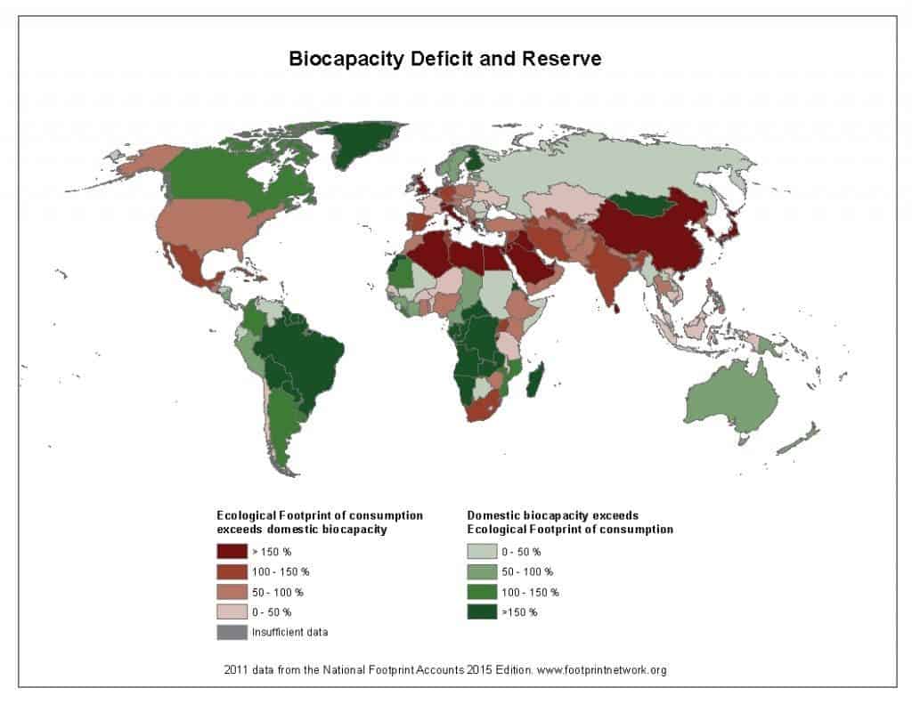 Biocapacity reserves and deficit per country. Image via footprintnetwork