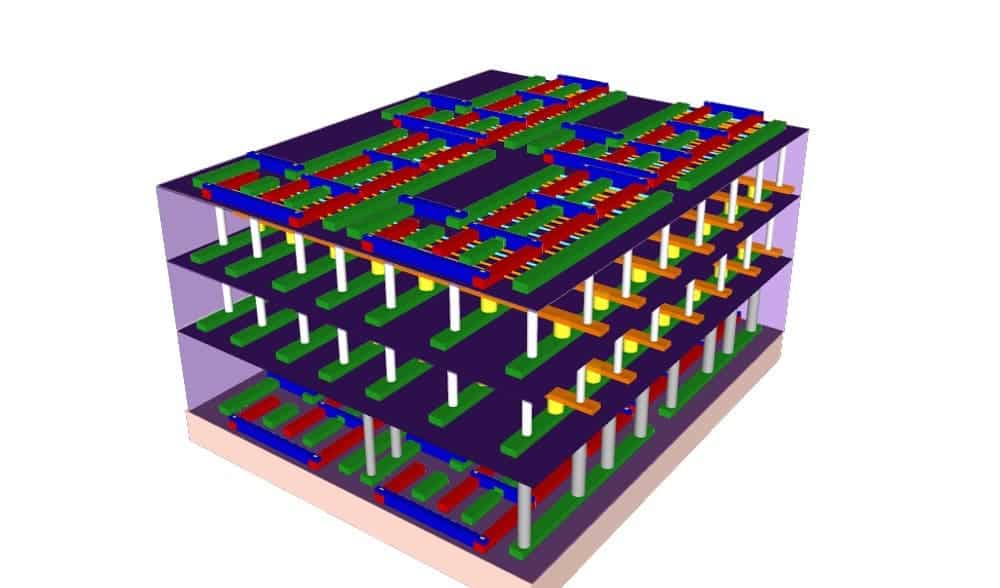  The new design uses a special material called carbon nanotubes, which allows memory and processor layers to be stacked in three dimensions. Image: Max Shulaker