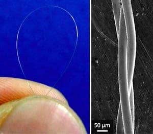 Photograph of a thin, flexible metallic glass fiber (left) and an electron microscopy image of a metallic glass rope weaved from such fibers (right). Image: Nature