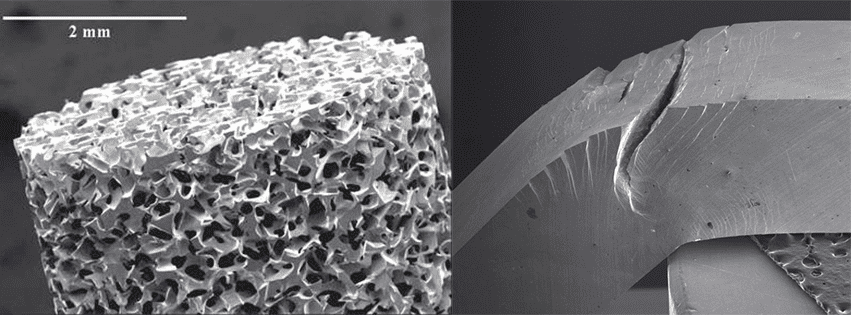 Electron scan microscope images of metallic glass. 